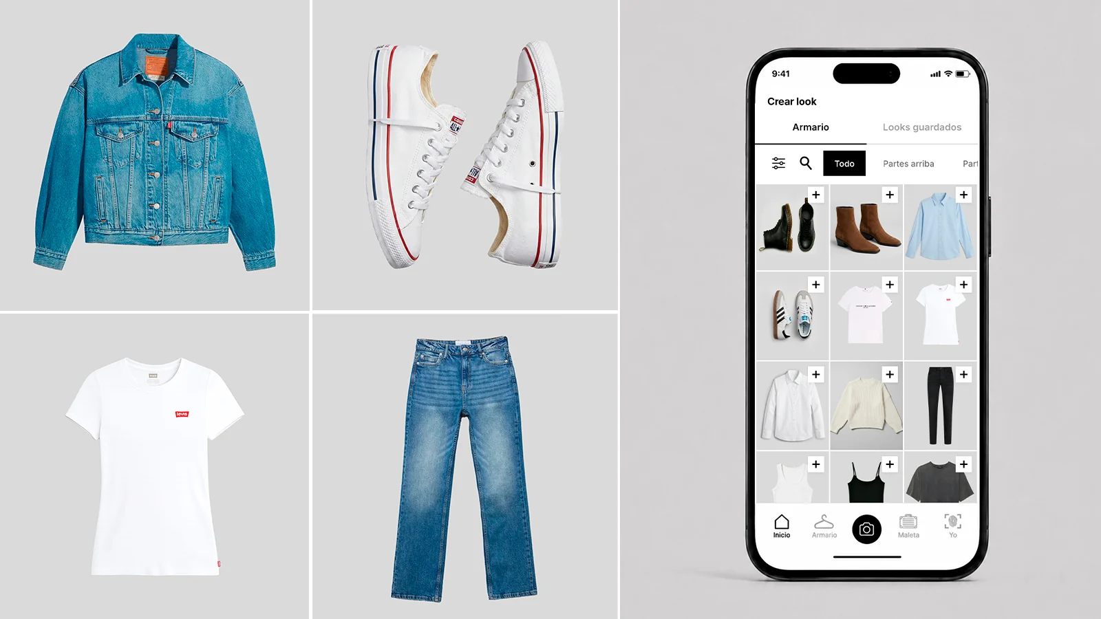 Prendas básicas de armario (chaqueta vaquera, zapatillas blancas, camiseta blanca y vaqueros) junto a la pantalla Crear look de la app de armario digital PORTE