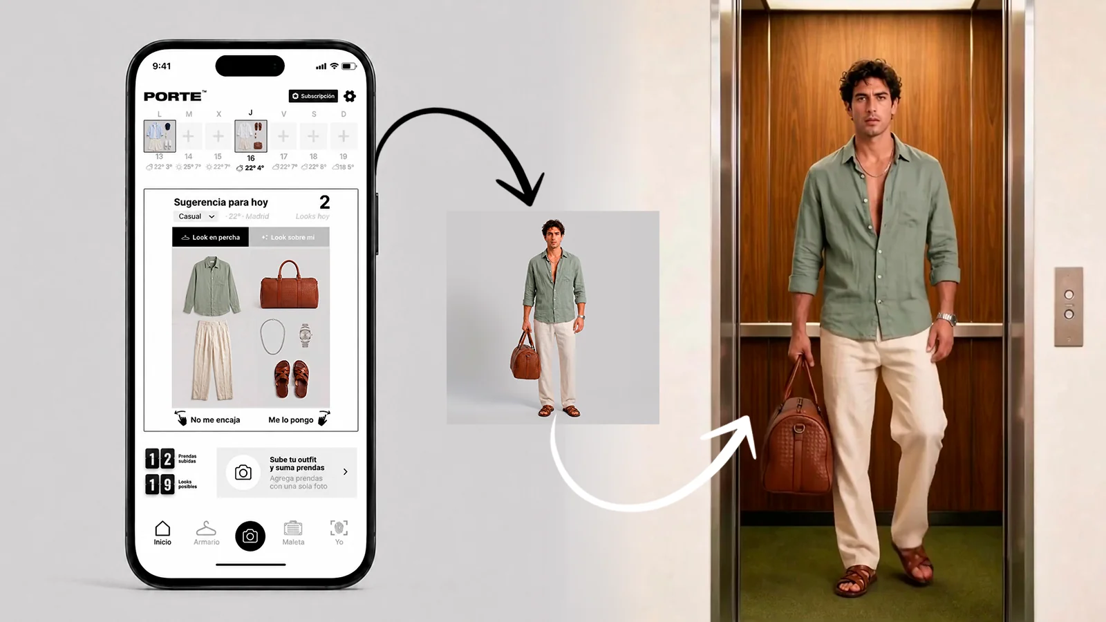 Pantalla de sugerencia para hoy de la app PORTE con un look de camisa verde, pantalón de lino y bolso, y el resultado sobre un hombre en un ascensor