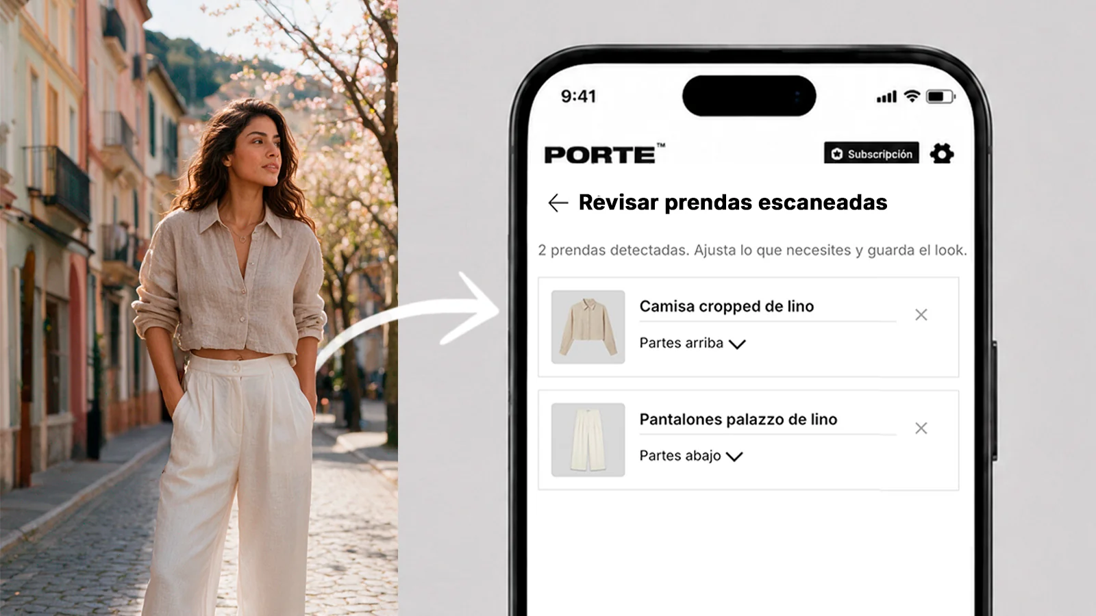 Mujer con look de lino y pantalla de la app de armario digital PORTE extrayendo y categorizando todas sus prendas a partir de una sola foto