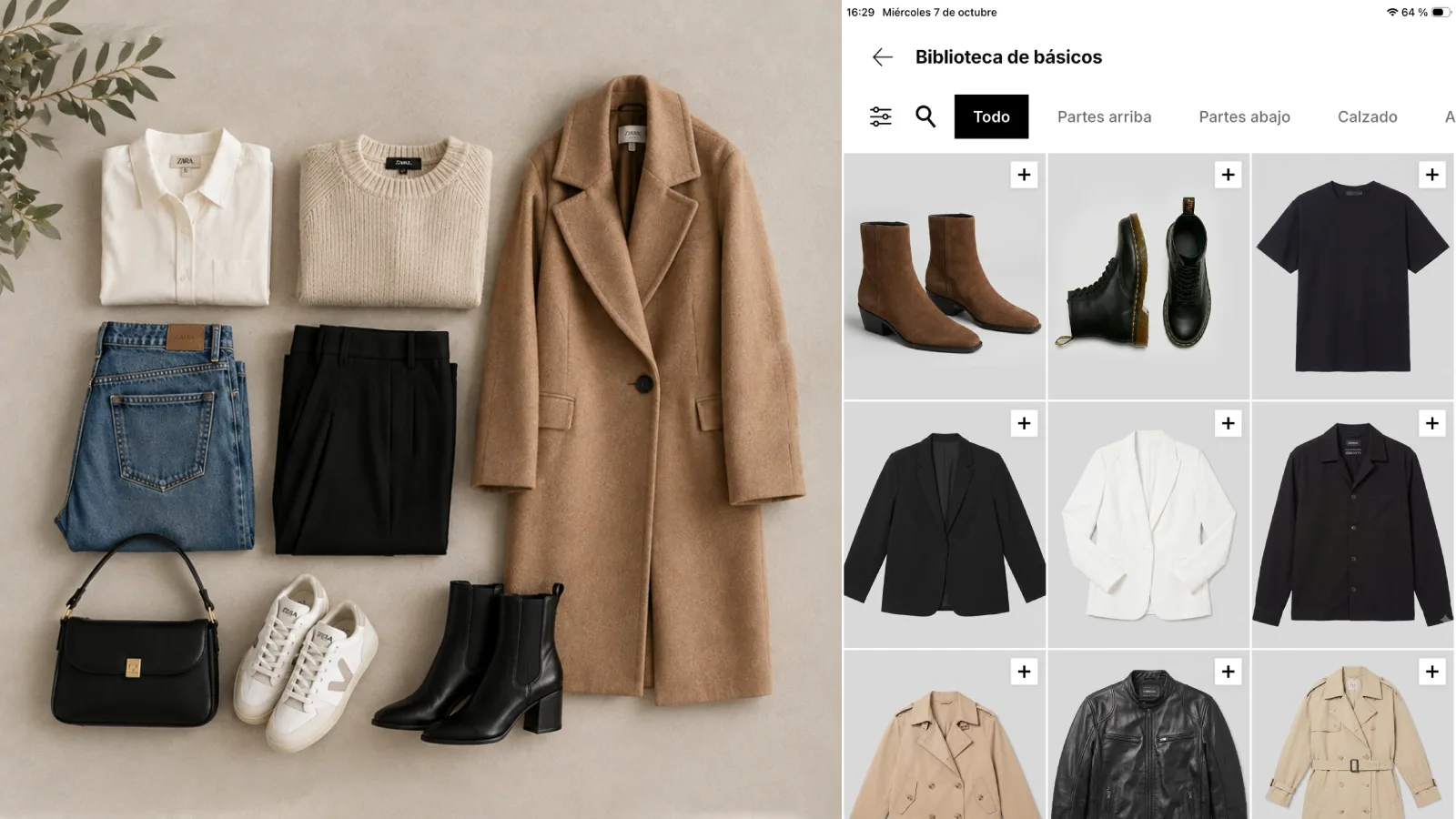 Prendas básicas de un armario cápsula (chaqueta vaquera, zapatillas blancas, camiseta blanca y vaqueros) en la app de armario digital PORTE
