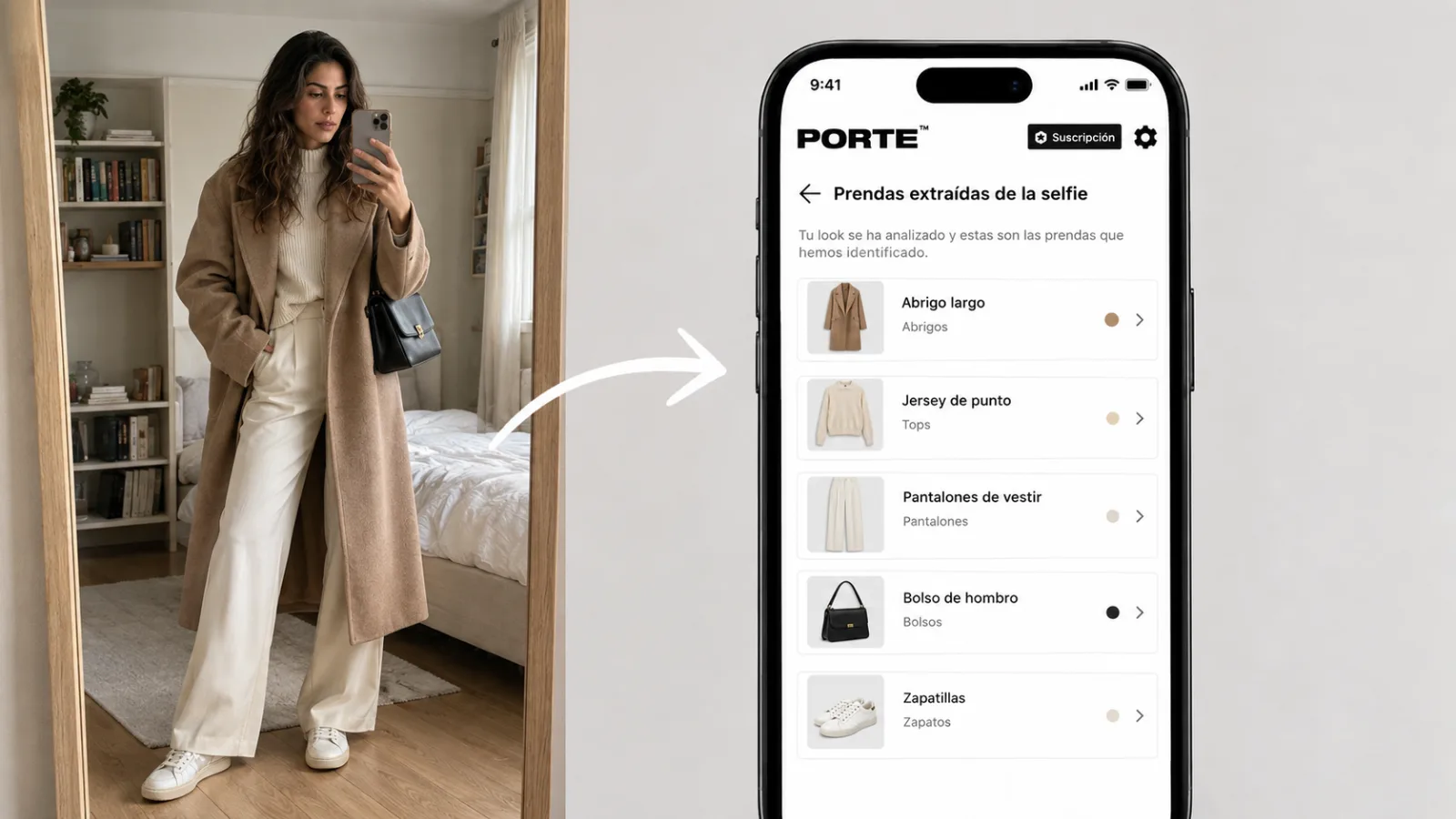 App de armario digital PORTE extrayendo y clasificando las prendas de un look a partir de una selfie