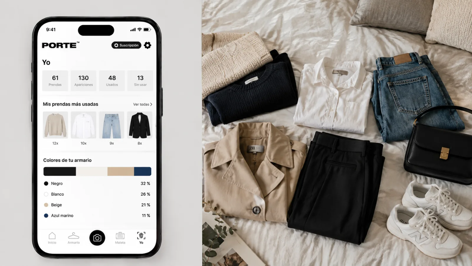 Prendas más y menos usadas y colorimetría del armario en la app de armario virtual PORTE