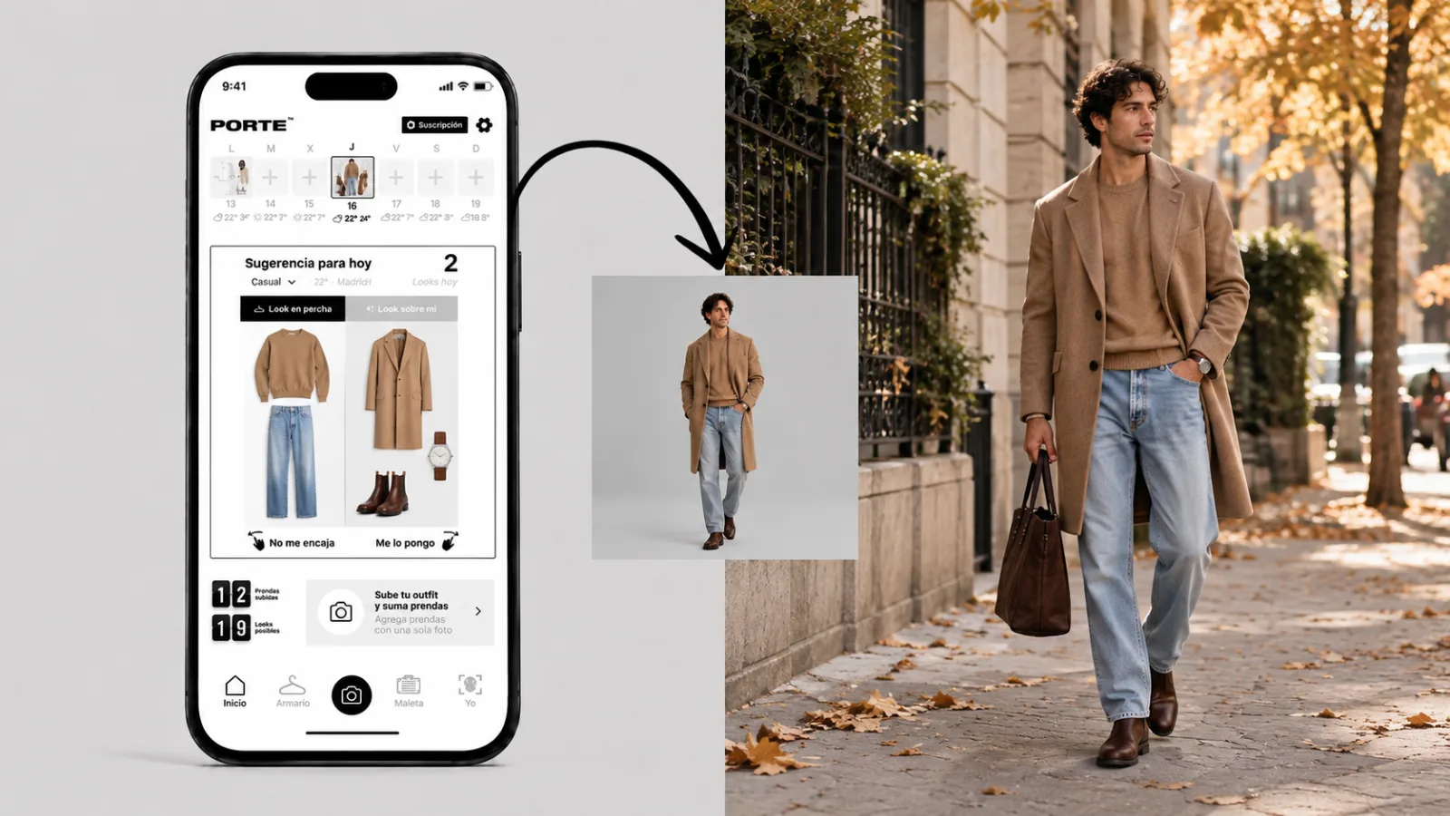 Look sugerido para hoy con la propia ropa del usuario en la app para combinar ropa PORTE
